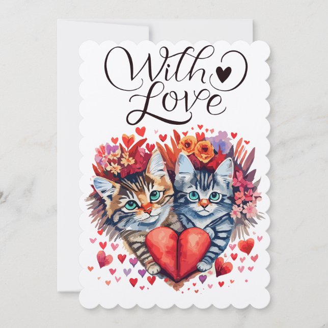 Cartes Pour Fêtes Annuelles Aquarelle Valentines chats avec amour (Devant)
