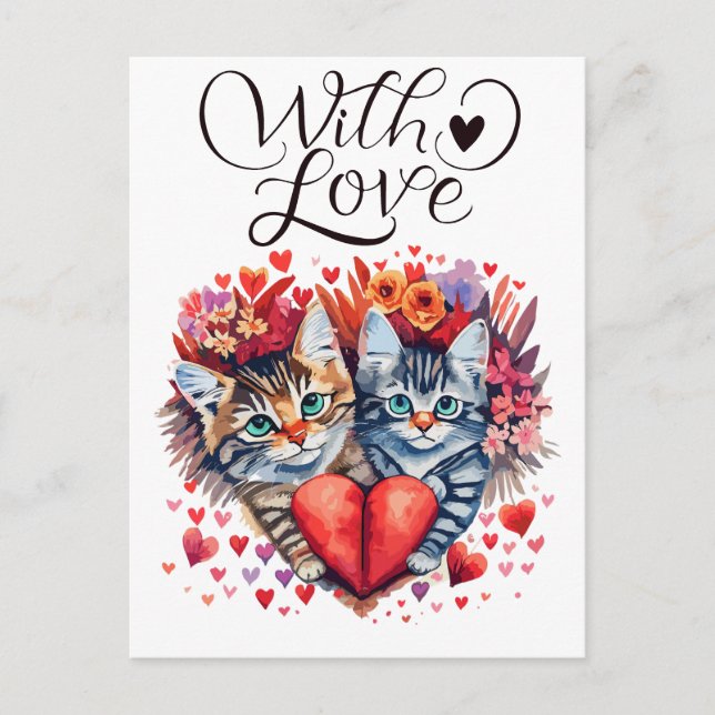 Cartes Pour Fêtes Annuelles Aquarelle Valentines chats avec amour (Devant)