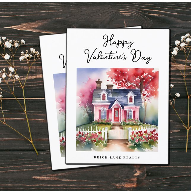 Cartes Pour Fêtes Annuelles Aquarelle Valentine's Day House Immobilier (Watercolor Valentine's Day House Real Estate Holiday Postcard)