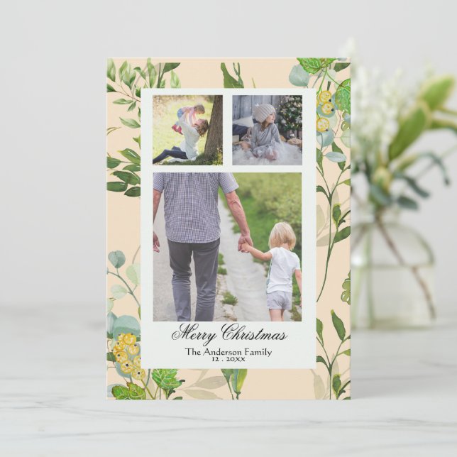 Cartes Pour Fêtes Annuelles Aquarelle Verdure & baies 3 Photo Noël (Debout devant)