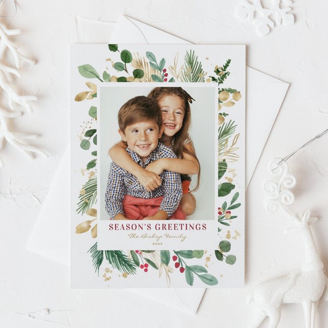 Cartes Pour Fêtes Annuelles Aquarelle Verdure Bonnes Fêtes photo or (Watercolor and Faux Gold Foil Winter Greenery Photo Season's Greetings Postcard)