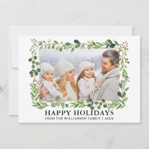 Cartes Pour Fêtes Annuelles Aquarelle Verdure Cadre Or Joyeux Vacances