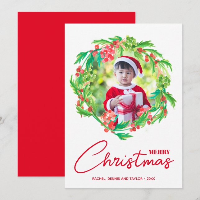 Cartes Pour Fêtes Annuelles Aquarelle Verdure et baies Photo de Noël (Devant / Derrière)