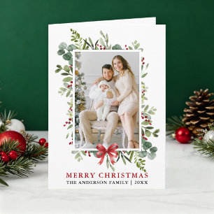 Cartes Pour Fêtes Annuelles Aquarelle Verdure Joyeux Noël Ruban Rouge Plié