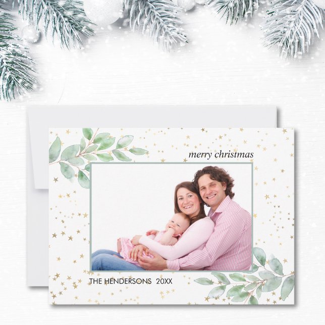 Cartes Pour Fêtes Annuelles Aquarelle Verdure Photo Gold Stars Noël (Créateur téléchargé)