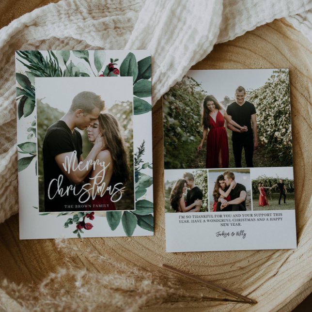 Cartes Pour Fêtes Annuelles Aquarelle Vert Berries rouges Photo (Créateur téléchargé)