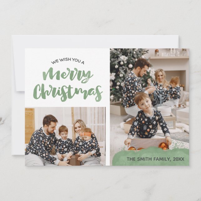 Cartes Pour Fêtes Annuelles Aquarelle Vert Famille Photo Joyeux Noël (Devant)