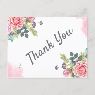 Cartes Pour Fêtes Annuelles Aquarelle Vert Fleurs roses Merci
