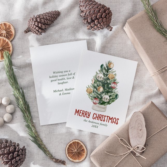 Cartes Pour Fêtes Annuelles Aquarelle Vert Ornements Arbre Joyeux Noël (Créateur téléchargé)