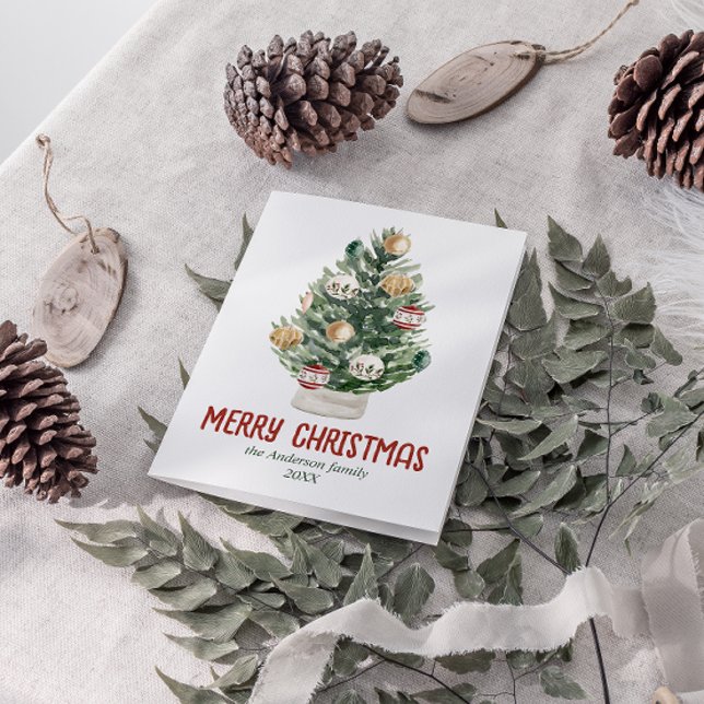 Cartes Pour Fêtes Annuelles Aquarelle Vert Ornements Arbre Joyeux Noël (Créateur téléchargé)