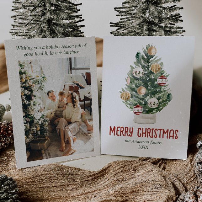Cartes Pour Fêtes Annuelles Aquarelle Vert Ornements Arbre Photo Noël (Créateur téléchargé)