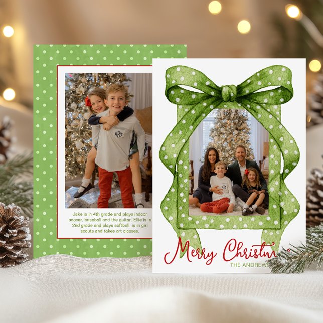 Cartes Pour Fêtes Annuelles Aquarelle Vert Polka Dot Bow Photo de Noël (Créateur téléchargé)
