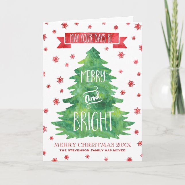 Cartes Pour Fêtes Annuelles Aquarelle verte Arbre de Noël Nous avons Déménagé  (Devant)
