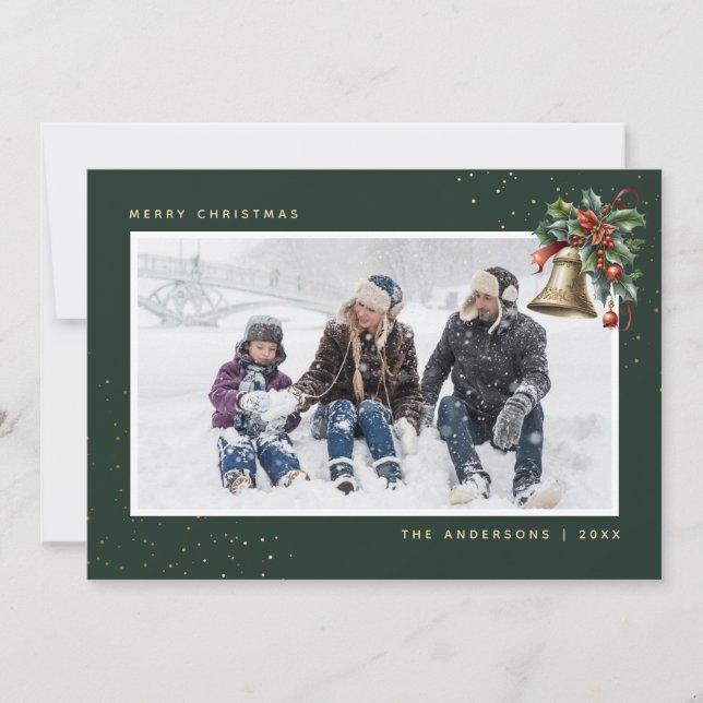 Cartes Pour Fêtes Annuelles Aquarelle verte Holly Bell Photo (Devant)