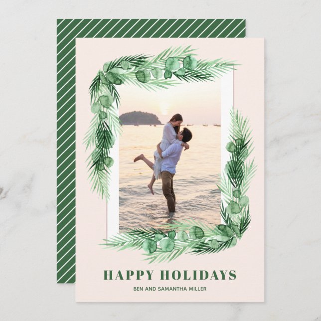 Cartes Pour Fêtes Annuelles Aquarelle verte Photo de Noël (Devant / Derrière)