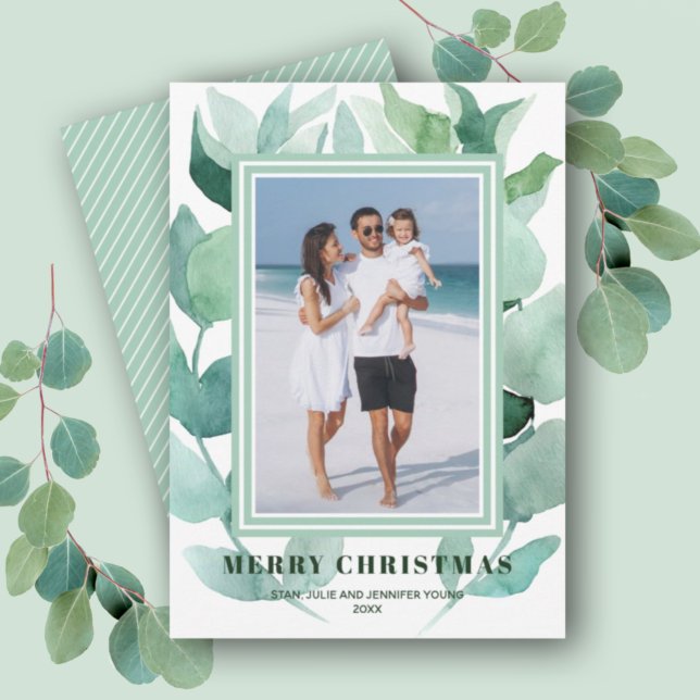 Cartes Pour Fêtes Annuelles Aquarelle verte Photo de Noël (Créateur téléchargé)