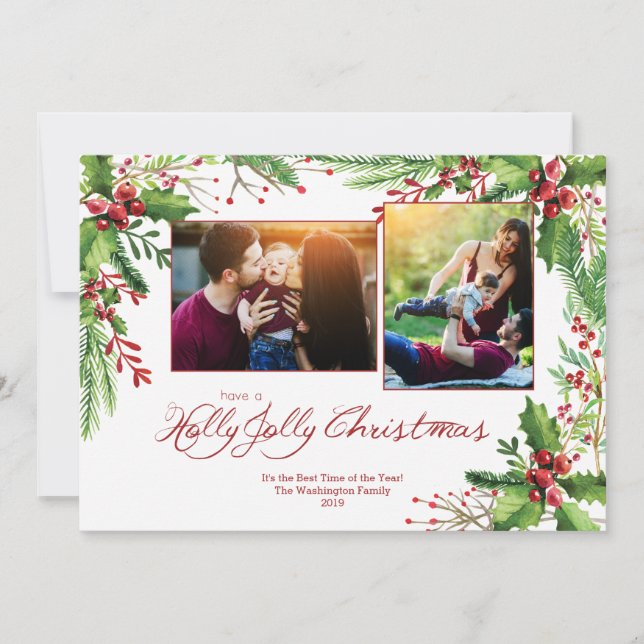Cartes Pour Fêtes Annuelles Aquarelle verte rouge Holly Deux 2 photos Noël (Devant)