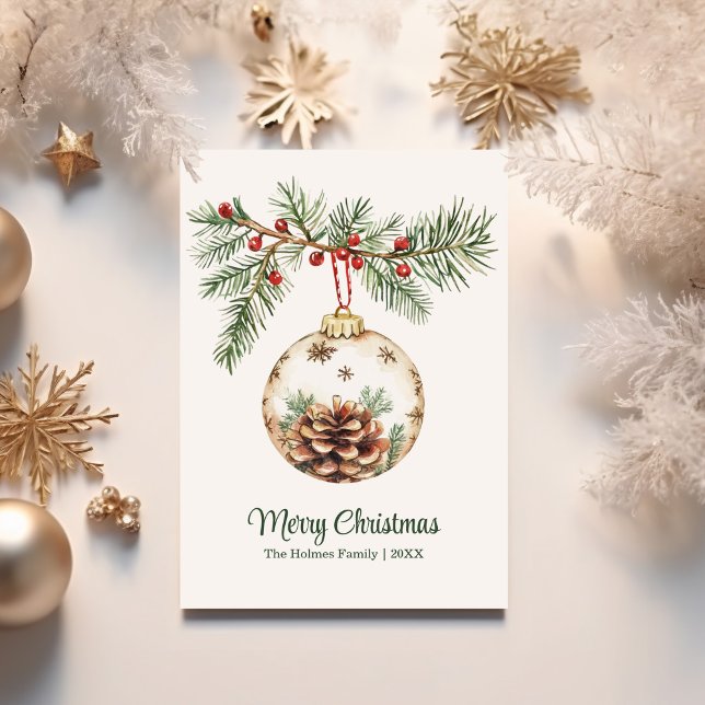 Cartes Pour Fêtes Annuelles Aquarelle vintage (Vintage Watercolor Christmas Ornament Holiday Card surrounded with golden Christmas ornaments.)