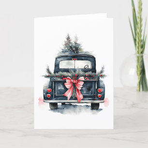 Cartes Pour Fêtes Annuelles Aquarelle vintage Arbre de Noël Vide de camion