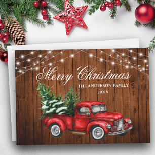 Cartes Pour Fêtes Annuelles Aquarelle Vintage Camion Rouge Bois Luminants Noël