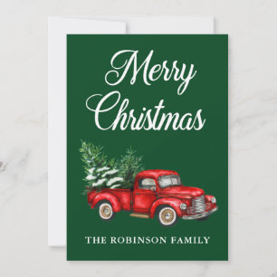 Cartes Pour Fêtes Annuelles Aquarelle Vintage Camion rouge Joyeux Noël Vert