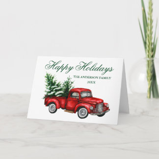 Cartes Pour Fêtes Annuelles Aquarelle Vintage Camion rouge Joyeux vacances Pol