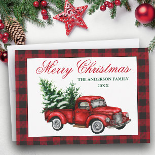 Cartes Pour Fêtes Annuelles Aquarelle Vintage Camion rouge Plaid Joyeux Noël