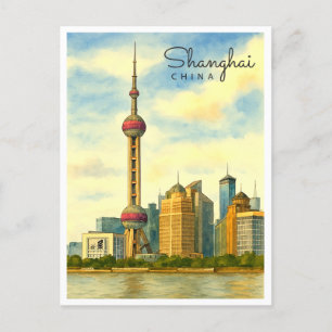 Cartes Pour Fêtes Annuelles Aquarelle vintage Shanghai Skyline