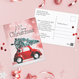 Cartes Pour Fêtes Annuelles Aquarelle Vintage Voiture Rouge Joyeux Noël