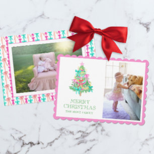 Cartes Pour Fêtes Annuelles Aquarelle Vivid Bow rose Coquette Photo de Noël