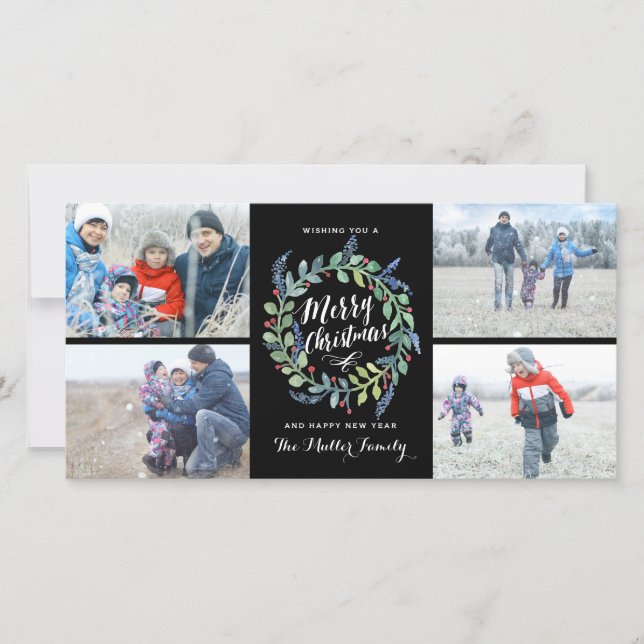 Cartes Pour Fêtes Annuelles Aquarelle Wreath 4 Photo Holiday Black (Devant)