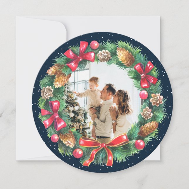 Cartes Pour Fêtes Annuelles Aquarelle Wreath Blue Photo Noël (Devant)