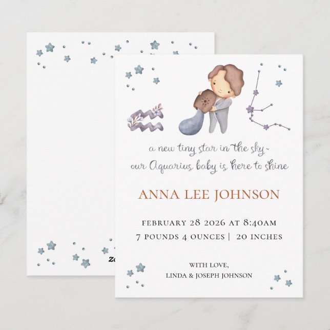 Cartes Pour Fêtes Annuelles Aquarius Zodiac Birth Announcement (Devant / Derrière)