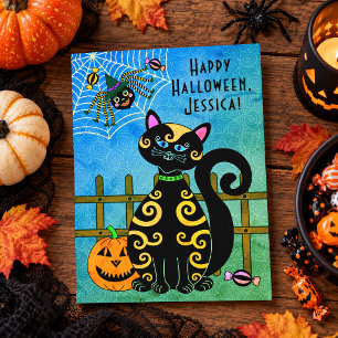 Cartes Pour Fêtes Annuelles Araignée Chat Noir Sorcière Nom Personnalisé Hallo