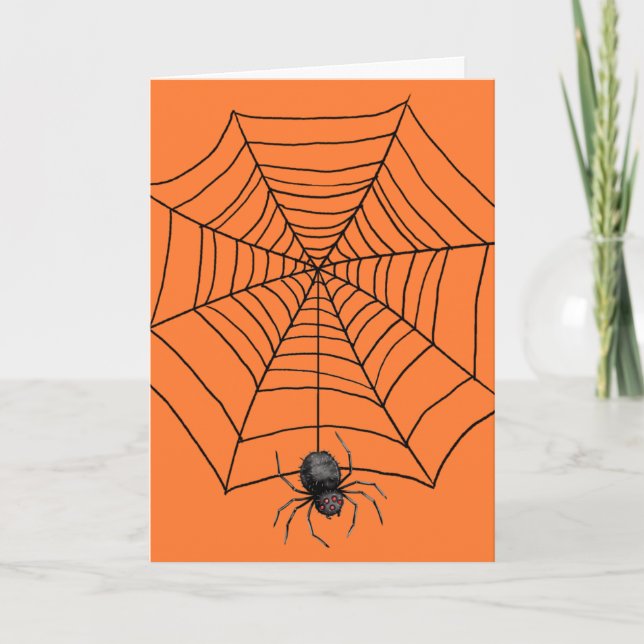 Cartes Pour Fêtes Annuelles Araignée d'Halloween sur Orange (Devant)