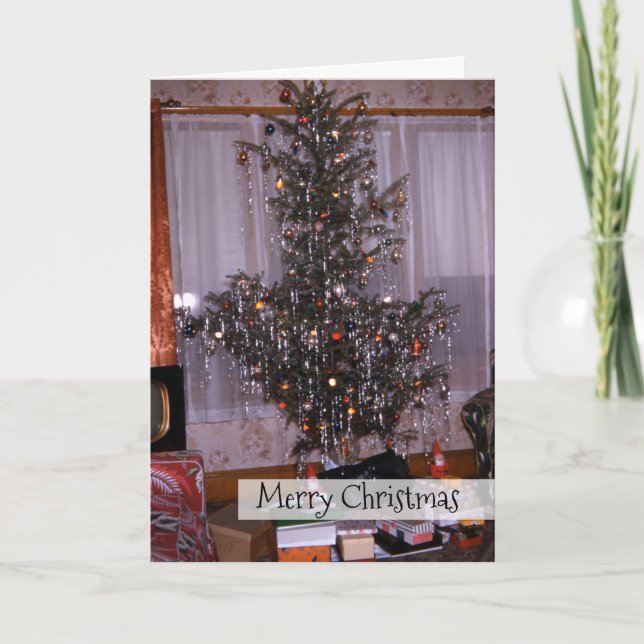 Cartes Pour Fêtes Annuelles Arbre à pin antique de Noël avec manteau et cadeau (Devant)
