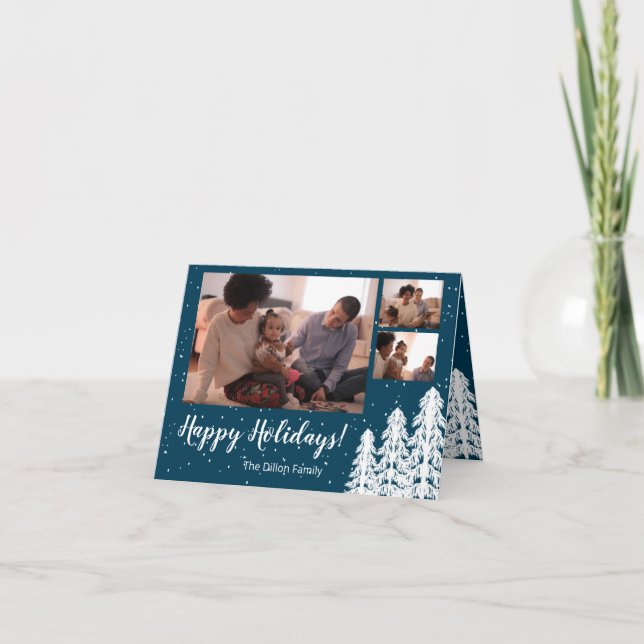 Cartes Pour Fêtes Annuelles Arbre à pin neigeux bleu 3 photos vacances (Devant)