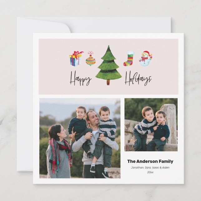 Cartes Pour Fêtes Annuelles Arbre aquarelle Joyuses Fêtes | 2 Photo (Devant)