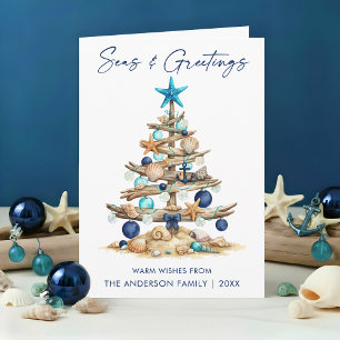 Cartes Pour Fêtes Annuelles Arbre aquarelle Mers et salutations Plage Pliée