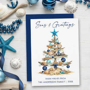 Cartes Pour Fêtes Annuelles Arbre aquarelle Plage Mers et Salutations Bleu