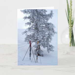 Cartes Pour Fêtes Annuelles Arbre couvert de neige et ski
