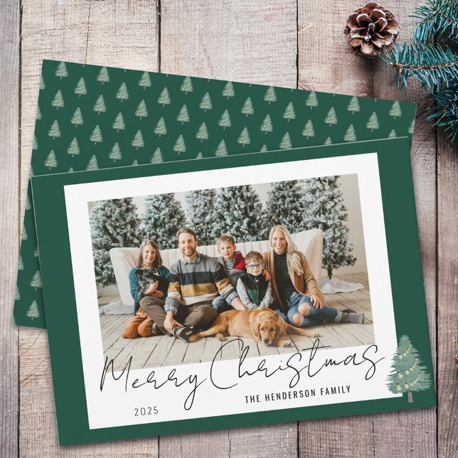 Cartes Pour Fêtes Annuelles Arbre d'aquarelle moderne et lumière Photo de Noël (Modern whimsical festive tree lights christmas family photo green & white holiday flat card stylish )