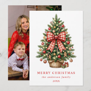 Cartes Pour Fêtes Annuelles Arbre de Noël à l'aquarelle avec ruban Gingham rou