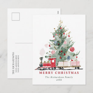 Cartes Pour Fêtes Annuelles Arbre de Noël à l'aquarelle Train Jouet