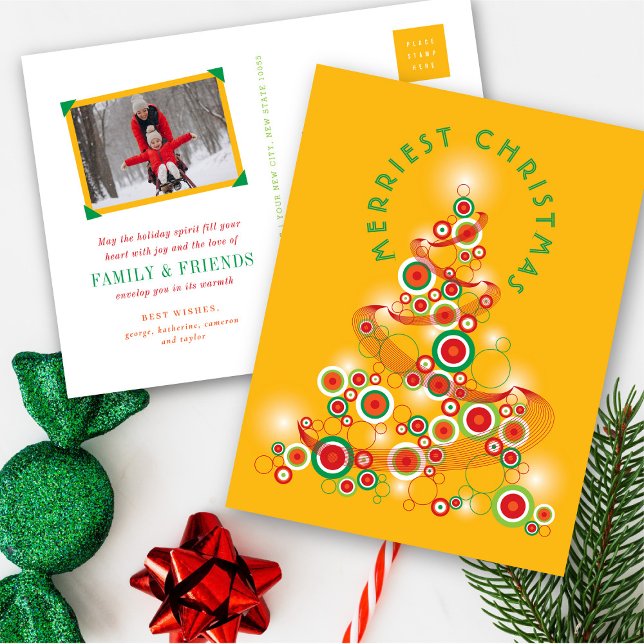 Cartes Pour Fêtes Annuelles Arbre de Noël Abstrait brillant des cercles moisis (Red & Green Mod Circles Glowing Abstract Christmas Tree Holiday Postcard @ fat_fa_tin)