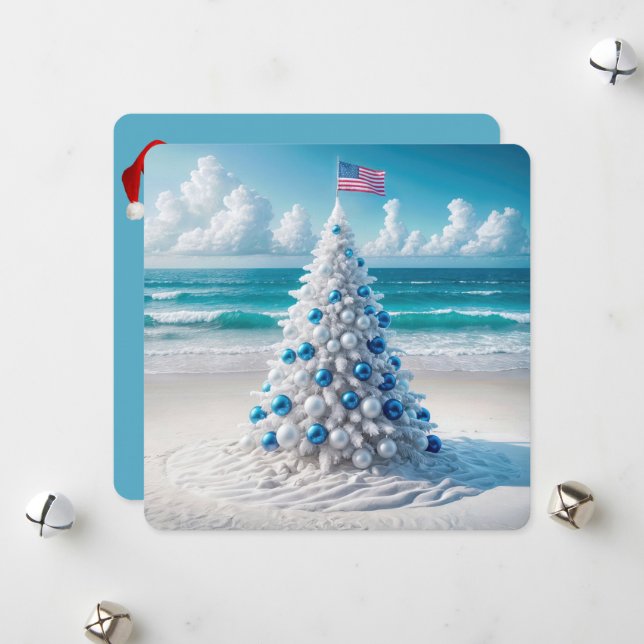 Cartes Pour Fêtes Annuelles Arbre de Noël américain sur la plage (Devant/Arrière en situation)