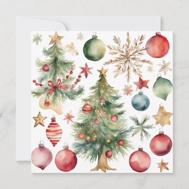 Cartes Pour Fêtes Annuelles Arbre de Noël aquarelle avec ornements (Devant)