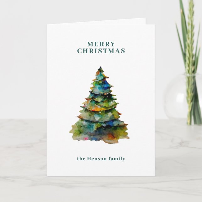 Cartes Pour Fêtes Annuelles Arbre de Noël Aquarelle Famille Minimale (Devant)