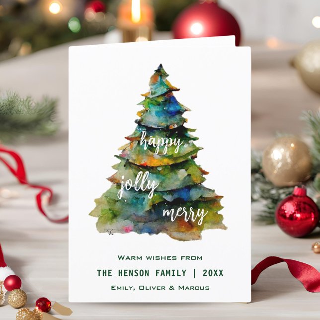 Cartes Pour Fêtes Annuelles Arbre de Noël Aquarelle Joyeux Jolly Happy (Créateur téléchargé)
