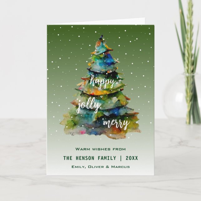 Cartes Pour Fêtes Annuelles Arbre de Noël Aquarelle Joyeux Jolly Happy (Devant)